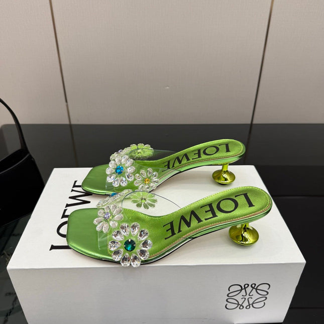 LOEWE 26S MULE HEELS 45MM IN GREEN PVC WITH CRYSTAL FLORAL