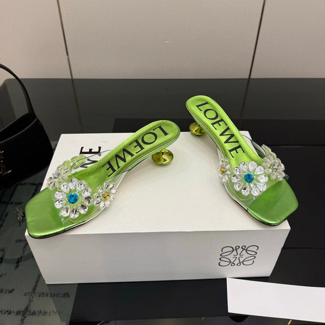 LOEWE 26S MULE HEELS 45MM IN GREEN PVC WITH CRYSTAL FLORAL