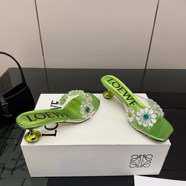 LOEWE 26S MULE HEELS 45MM IN GREEN PVC WITH CRYSTAL FLORAL