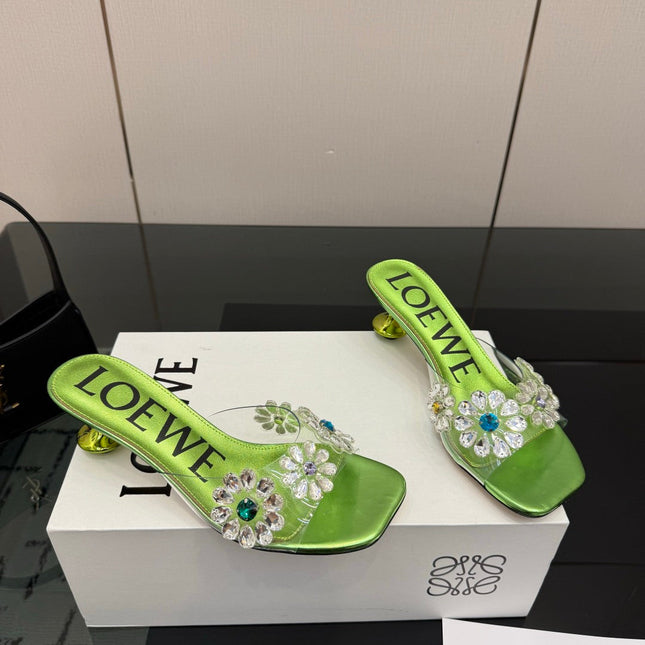 LOEWE 26S MULE HEELS 45MM IN GREEN PVC WITH CRYSTAL FLORAL