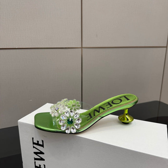 LOEWE 26S MULE HEELS 45MM IN GREEN PVC WITH CRYSTAL FLORAL