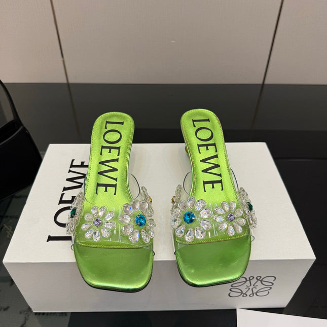 LOEWE 26S MULE HEELS 45MM IN GREEN PVC WITH CRYSTAL FLORAL