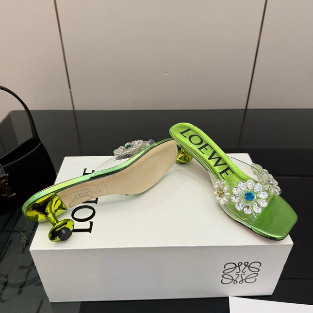 LOEWE 26S MULE HEELS 45MM IN GREEN PVC WITH CRYSTAL FLORAL