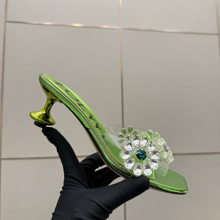 LOEWE 26S MULE HEELS 45MM IN GREEN PVC WITH CRYSTAL FLORAL