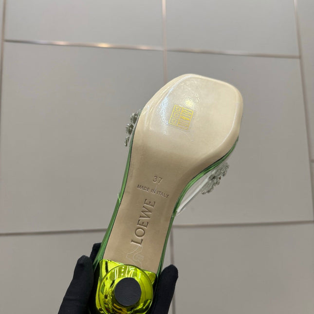 LOEWE 26S MULE HEELS 45MM IN GREEN PVC WITH CRYSTAL FLORAL