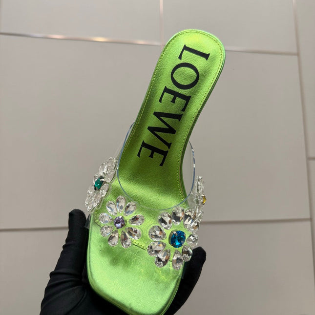 LOEWE 26S MULE HEELS 45MM IN GREEN PVC WITH CRYSTAL FLORAL