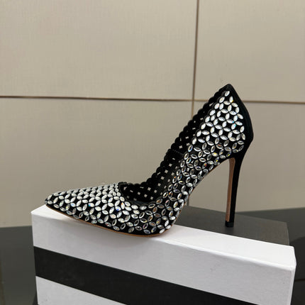 AQUAZZURA 26S HIGH HEELS 100 MM IN BLACK SUEDE CRYSTAL EMBELLISHED