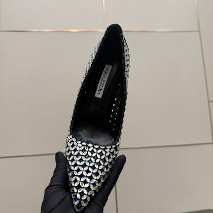 AQUAZZURA 26S HIGH HEELS 100 MM IN BLACK SUEDE CRYSTAL EMBELLISHED