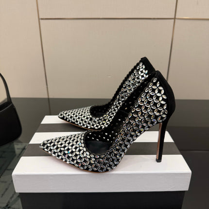 AQUAZZURA 26S HIGH HEELS 100 MM IN BLACK SUEDE CRYSTAL EMBELLISHED