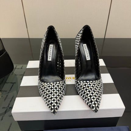 AQUAZZURA 26S HIGH HEELS 100 MM IN BLACK SUEDE CRYSTAL EMBELLISHED