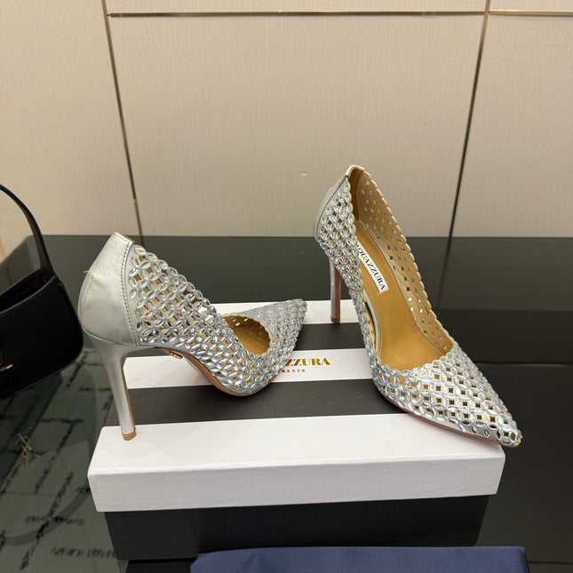 AQUAZZURA 26S HIGH HEELS 100 MM IN SILVER LAMBSKIN