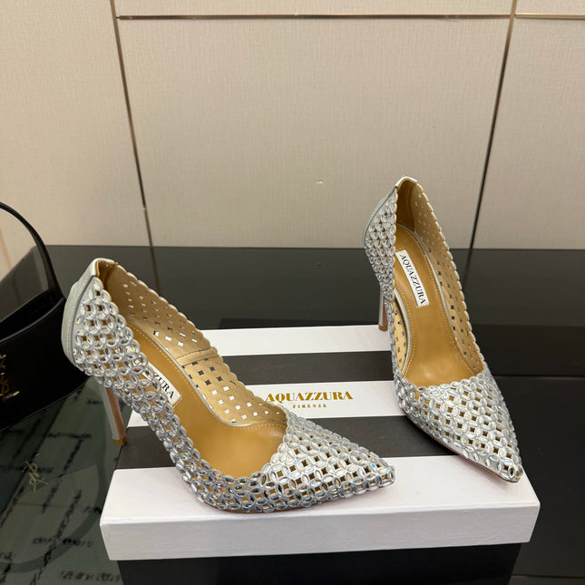 AQUAZZURA 26S HIGH HEELS 100 MM IN SILVER LAMBSKIN