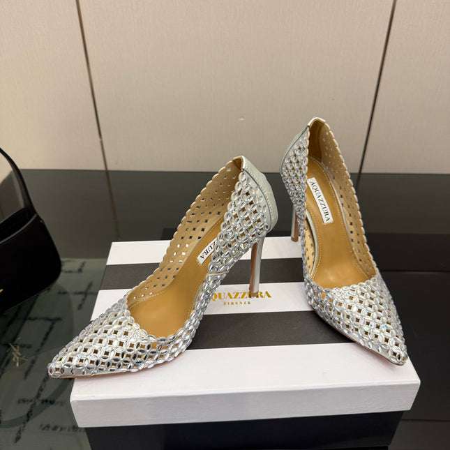 AQUAZZURA 26S HIGH HEELS 100 MM IN SILVER LAMBSKIN
