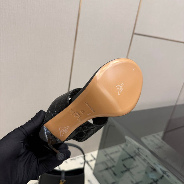 ALAIA 26S HEELED THONG MULE SANDALS IN BLACK CALFSKIN