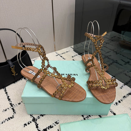 AQUAZZURA 26S ANKLE-STRAP SANDALS IN BROWN WOVEN FABRIC