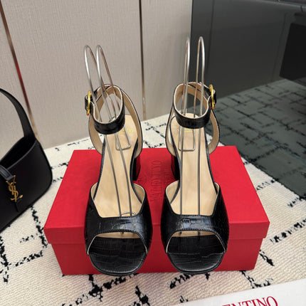VALENTINO 26S SQUARE TOE ANKLE STRAP SANDALS IN BLACK CROC-EMBOSSED LEATHER