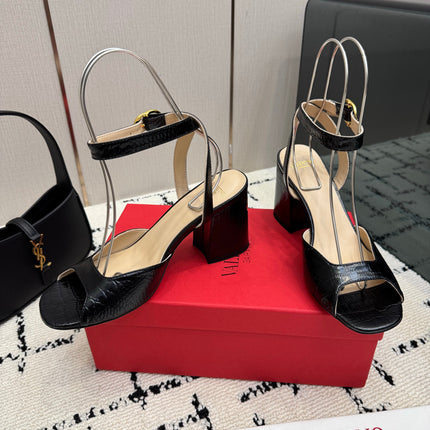 VALENTINO 26S SQUARE TOE ANKLE STRAP SANDALS IN BLACK CROC-EMBOSSED LEATHER