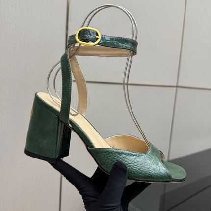 VALENTINO 26S SQUARE TOE ANKLE STRAP SANDALS IN DARK GREEN CROC-EMBOSSED LEATHER
