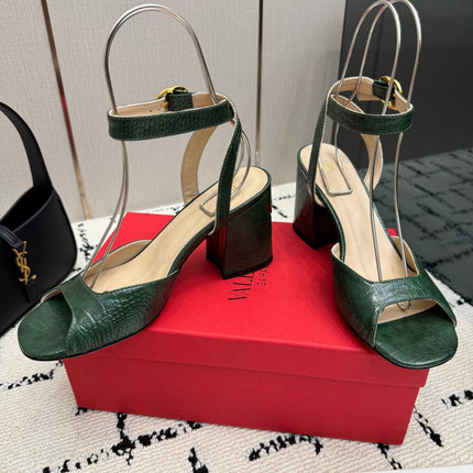VALENTINO 26S SQUARE TOE ANKLE STRAP SANDALS IN DARK GREEN CROC-EMBOSSED LEATHER
