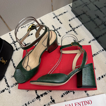 VALENTINO 26S SQUARE TOE ANKLE STRAP SANDALS IN DARK GREEN CROC-EMBOSSED LEATHER