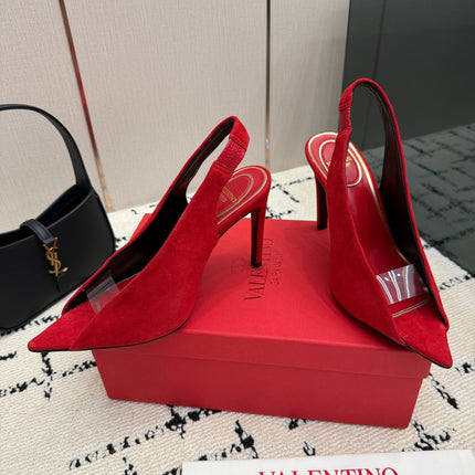 VALENTINO 26S POINTED-TOE SLINGBACKS IN DARK RED SUEDE
