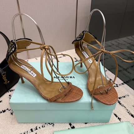AQUAZZURA 26S HEEL SANDALS 80 MM IN BROWN WOVEN FABRIC