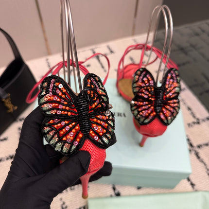 AQUAZZURA 26S HEEL SANDALS 80 MM IN PINKISH RED WOVEN FABRIC