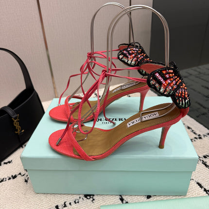 AQUAZZURA 26S HEEL SANDALS 80 MM IN PINKISH RED WOVEN FABRIC