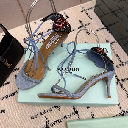 AQUAZZURA 26S HEEL SANDALS 80 MM IN PASTEL BLUE WOVEN FABRIC