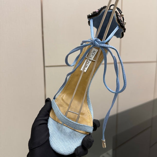 AQUAZZURA 26S HEEL SANDALS 80 MM IN PASTEL BLUE WOVEN FABRIC