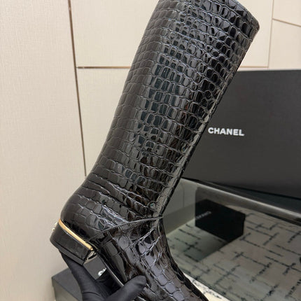 CHANEL 26S TALL BOOTS IN BLACK CALFSKIN CROCODILE EMBOSSED