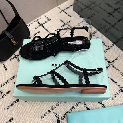 AQUAZZURA 26S FLAT SANDALS IN BLACK SUEDE CRYSTAL-EMBELLISHED