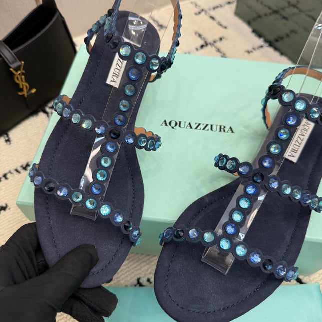 AQUAZZURA 26S FLAT SANDALS IN NAVY BLUE SUEDE CRYSTAL-EMBELLISHED