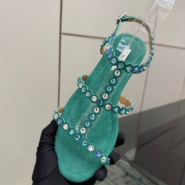 AQUAZZURA 26S FLAT SANDALS IN EMERALD GREEN SUEDE CRYSTAL-EMBELLISHED