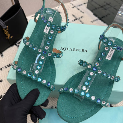 AQUAZZURA 26S FLAT SANDALS IN EMERALD GREEN SUEDE CRYSTAL-EMBELLISHED