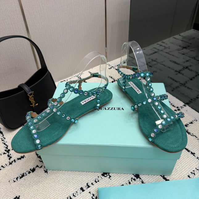 AQUAZZURA 26S FLAT SANDALS IN EMERALD GREEN SUEDE CRYSTAL-EMBELLISHED