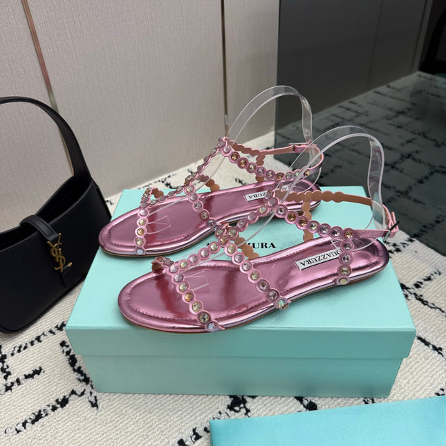 AQUAZZURA 26S FLAT SANDALS IN METALLIC PINK LAMBSKIN CRYSTAL-EMBELLISHED