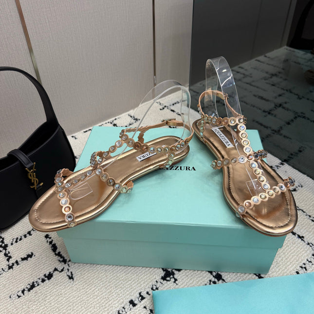 AQUAZZURA 26S FLAT SANDALS IN ROSE GOLD LAMBSKIN CRYSTAL-EMBELLISHED