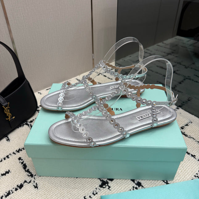 AQUAZZURA 26S FLAT SANDALS IN SILVER LAMBSKIN CRYSTAL-EMBELLISHED