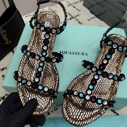 AQUAZZURA 26S FLAT SANDALS IN METALLIC BLACK SNAKESKIN CRYSTAL-EMBELLISHED