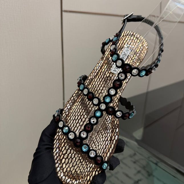 AQUAZZURA 26S FLAT SANDALS IN METALLIC BLACK SNAKESKIN CRYSTAL-EMBELLISHED