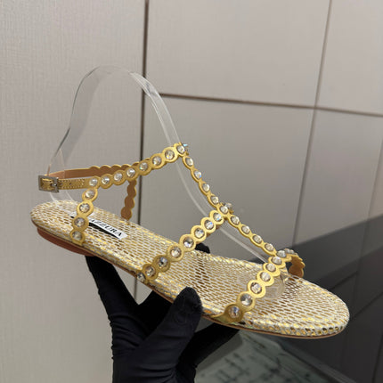 AQUAZZURA 26S FLAT SANDALS IN GOLD SNAKESKIN CRYSTAL-EMBELLISHED