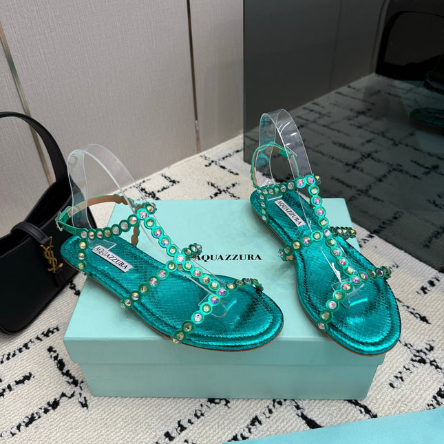 AQUAZZURA 26S FLAT SANDALS IN EMERALD GREEN SNAKESKIN CRYSTAL-EMBELLISHED