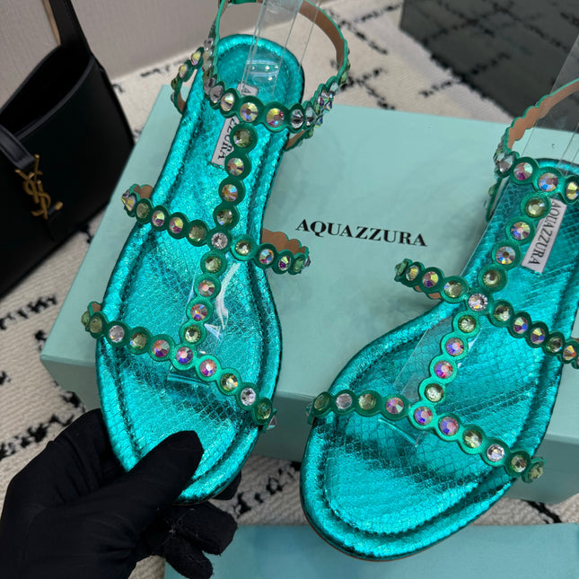 AQUAZZURA 26S FLAT SANDALS IN EMERALD GREEN SNAKESKIN CRYSTAL-EMBELLISHED