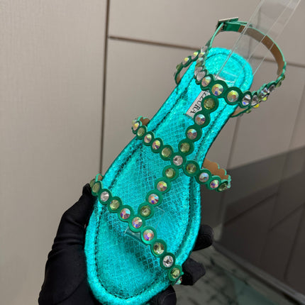 AQUAZZURA 26S FLAT SANDALS IN EMERALD GREEN SNAKESKIN CRYSTAL-EMBELLISHED