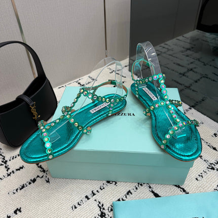 AQUAZZURA 26S FLAT SANDALS IN EMERALD GREEN SNAKESKIN CRYSTAL-EMBELLISHED