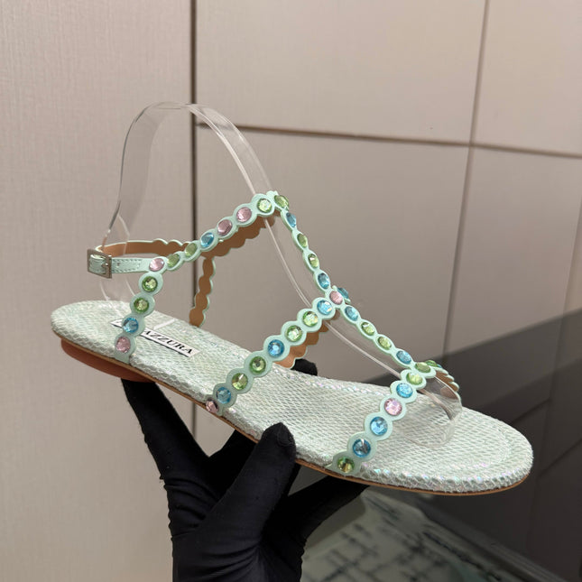 AQUAZZURA 26S FLAT SANDALS IN METALLIC MINT SNAKESKIN CRYSTAL-EMBELLISHED