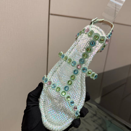 AQUAZZURA 26S FLAT SANDALS IN METALLIC MINT SNAKESKIN CRYSTAL-EMBELLISHED