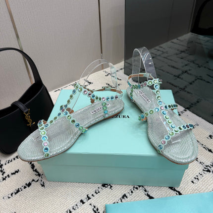 AQUAZZURA 26S FLAT SANDALS IN METALLIC MINT SNAKESKIN CRYSTAL-EMBELLISHED
