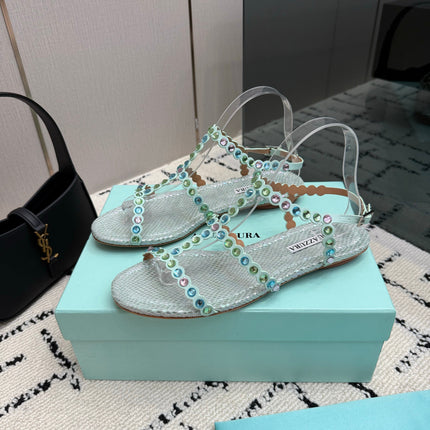 AQUAZZURA 26S FLAT SANDALS IN METALLIC MINT SNAKESKIN CRYSTAL-EMBELLISHED